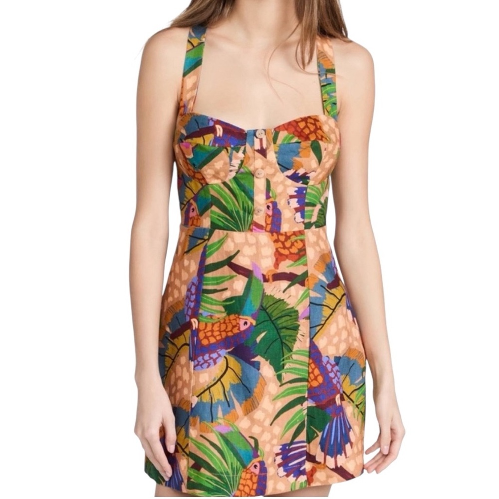 House of Harlow 1960 Dress Sand Painted Toucan Mini Linen Vacation SZ Small NWOT